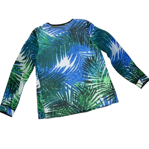 NWT Calvin Klein Top Blouse XS Tropical Long Sleeve Chiffon Pleated V Neck Crepe - Picture 3 of 10